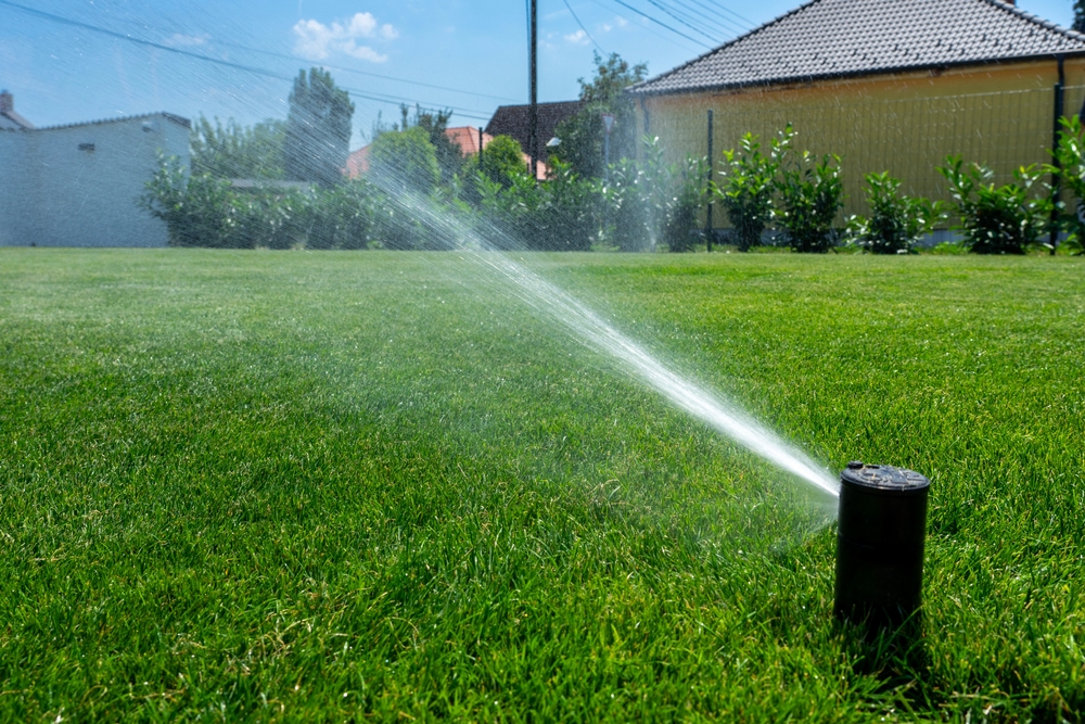 Automatic,watering,system,in,the,back,yard,garden,with,green